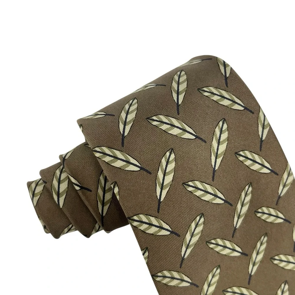 Hermes Men's Tie Feathers Bronze Satin Silk 995 SA France 3.5